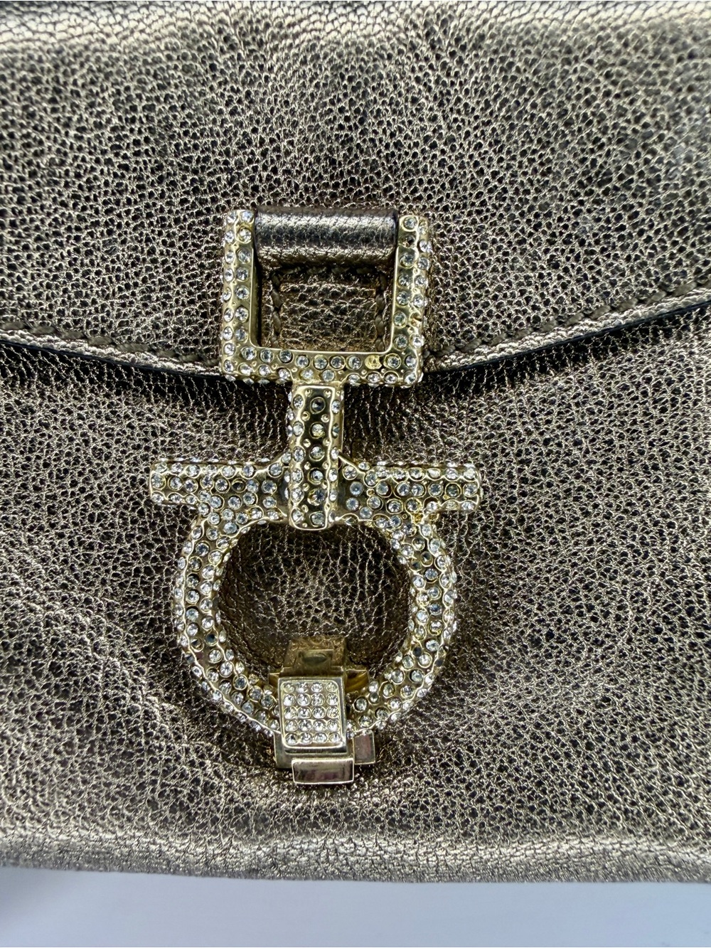 Salvatore Ferragamo Metallic Leather Crystal Gancini Satchel Bag Bronze Gold - Picture 8 of 11